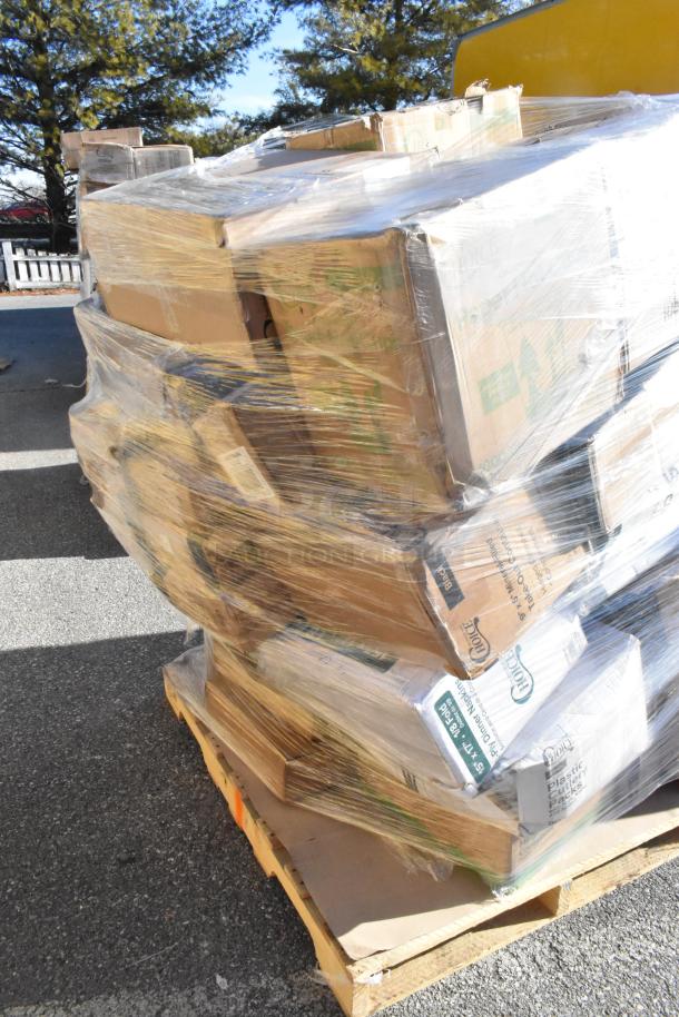 Pallet of 29 new scratch-and-dent items including T-shirt bags, foam cups, and can liners wrapped in plastic.