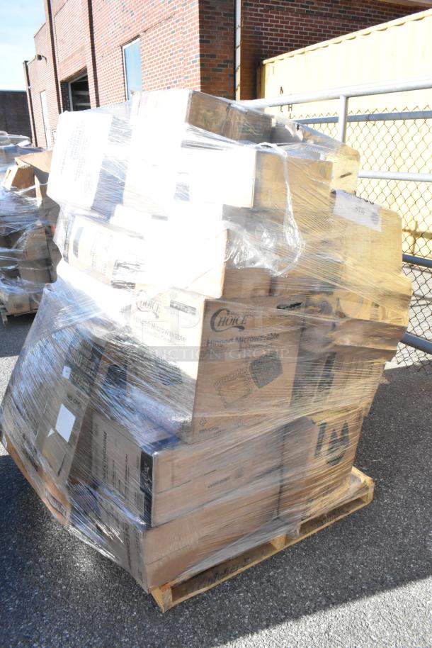 Pallet of 29 scratch and dent items, including T-shirt bags, foam cups, can liners, and containers, wrapped in plastic.