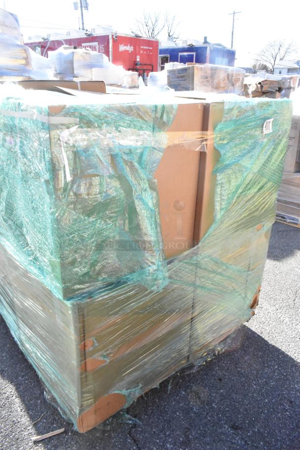 Pallet of 8 scratched and dented items, including Martha Stewart Taytum Saddle Brown Faux Leather Office Chair, wrapped in plastic.