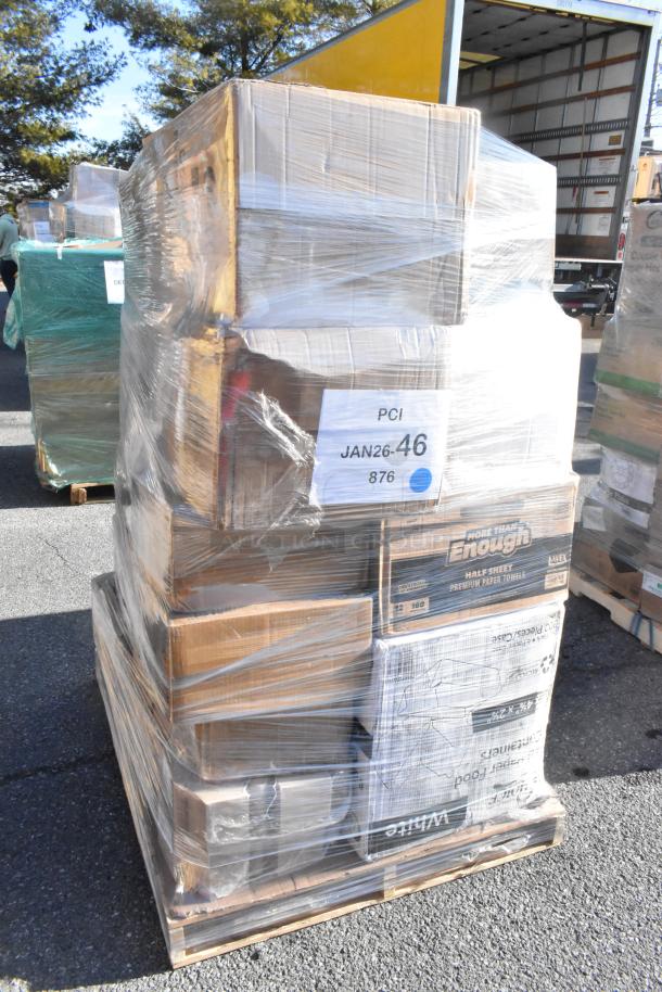 Pallet with 27 assorted scratch and dent items, including paper towel rolls and containers, wrapped in plastic.