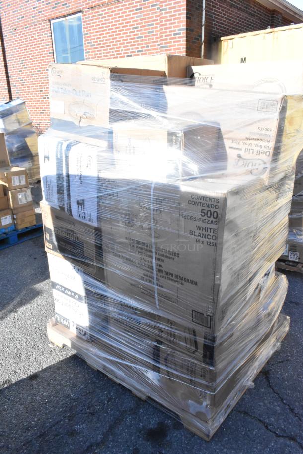 Shrink-wrapped pallet with assorted scratch and dent items including barrel sack, bakery bags, and paper towel rolls.