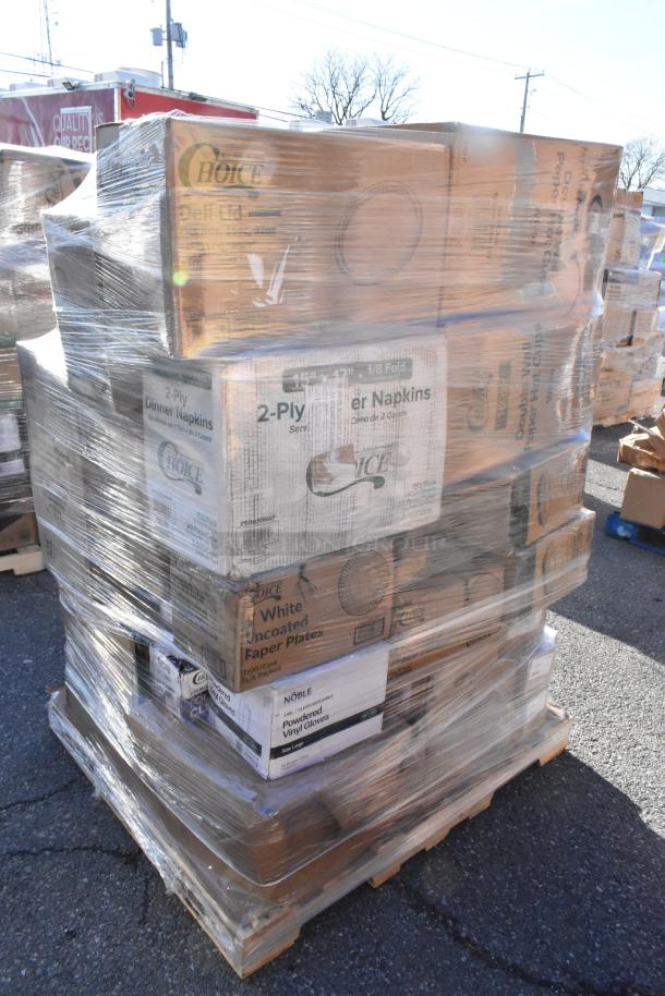 27 new scratch and dent items including bakery bags, paper towel rolls, and containers, shrink-wrapped on a pallet.