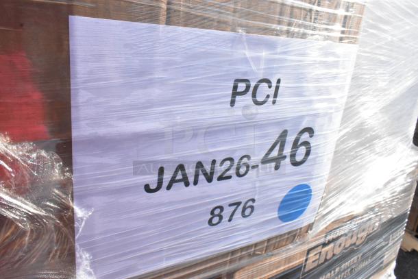 Plastic-wrapped pallet labeled "PCI JAN26-46 876" containing scratch and dent items like paper towels and bakery bags.