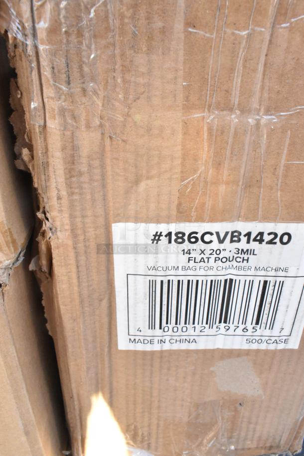 Cardboard box labeled "#186CVB1420, 14” x 20”, 3MIL Flat Pouch, Vacuum Bag for Chamber Machine, Made in China."