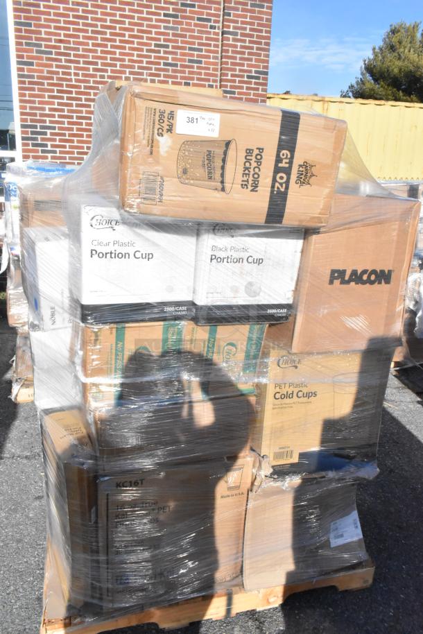 Pallet of new scratch and dent items, including food bags, gloves, plates, and portion cups. Various brands, 32 items.