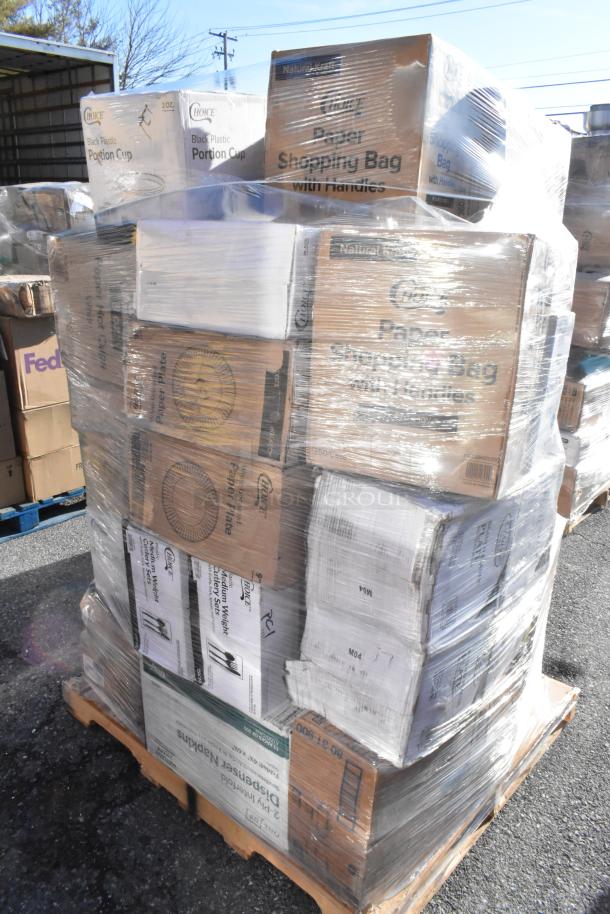 Pallet of 32 new scratch and dent items including Choice brand portion cups, paper shopping bags, plates, wrapped in plastic.