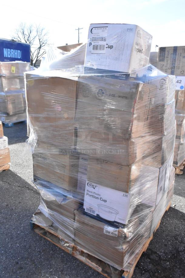 Pallet of 32 new scratch and dent items including food bags, gloves, plates, and portion cups, wrapped in plastic.
