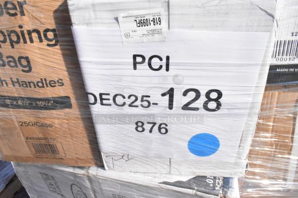 Pallet of 32 scratch and dent items including food bags, gloves, plates, and portion cups. Visible label: "PCI DEC25-128 876."