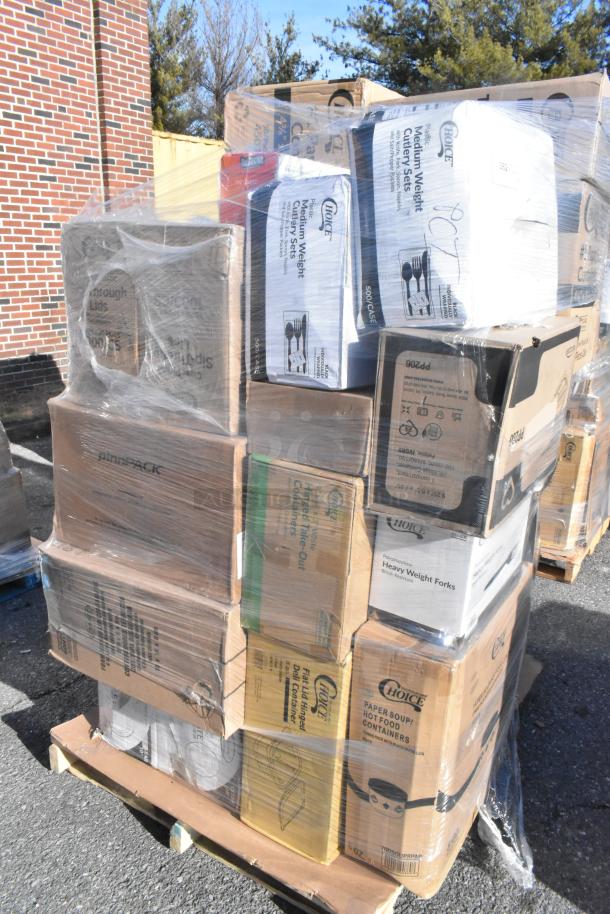 Stack of brand new scratch and dent items, including containers, can liners, and lids, wrapped on a pallet. Various box labels visible.