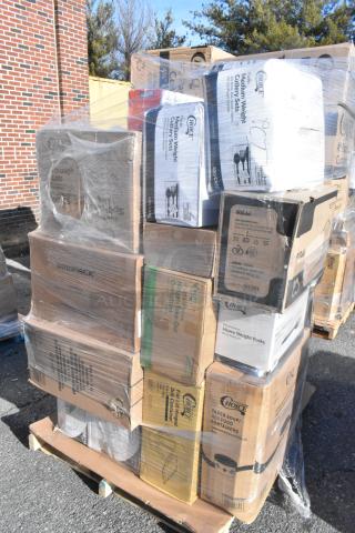 Stack of brand new scratch and dent items, including containers, can liners, and lids, wrapped on a pallet. Various box labels visible.