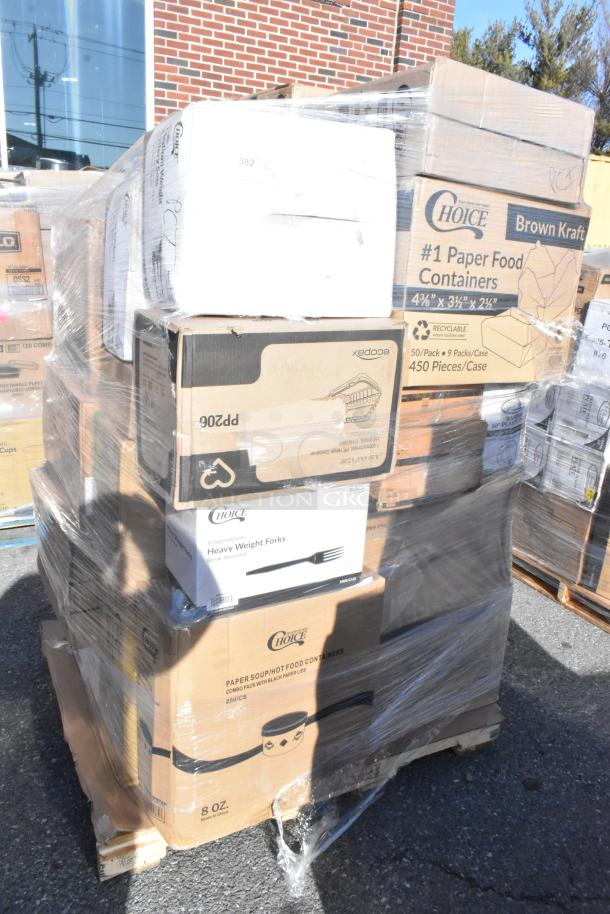 Pallet of 35 new scratch and dent items including Choice brand paper food containers, can liners, and lids.