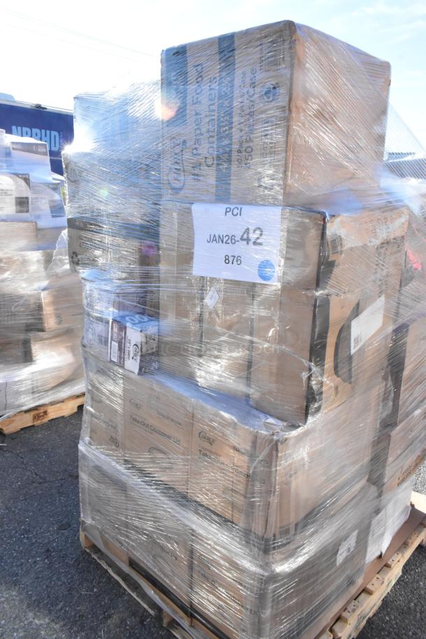 Shrink-wrapped pallet of 35 new scratch and dent items, including food containers, can liners, and lids. Marked PCI JAN26-42.