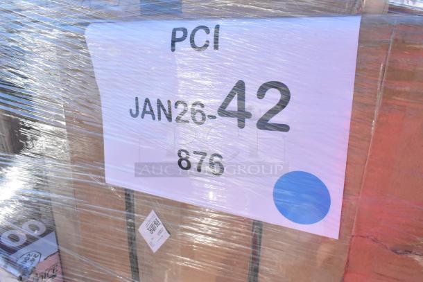 Pallet with 35 new scratch and dent items including containers and lids, labeled "PCI JAN26-42 876," wrapped in plastic.