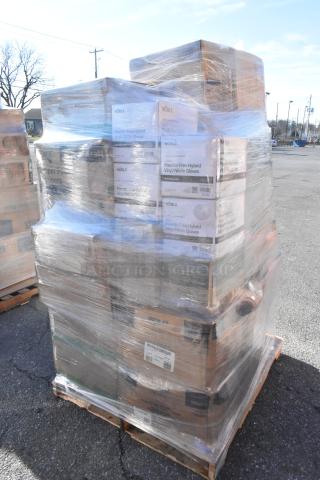 Pallet with 25 scratch and dent boxes of containers, lids, bags, gloves. Noble brand labels, shrink-wrapped, new condition.