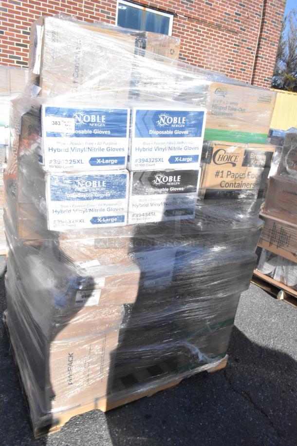 Pallet of new items including Noble gloves, Choice containers. Wrapped in plastic, marked "Scratch and Dent."
