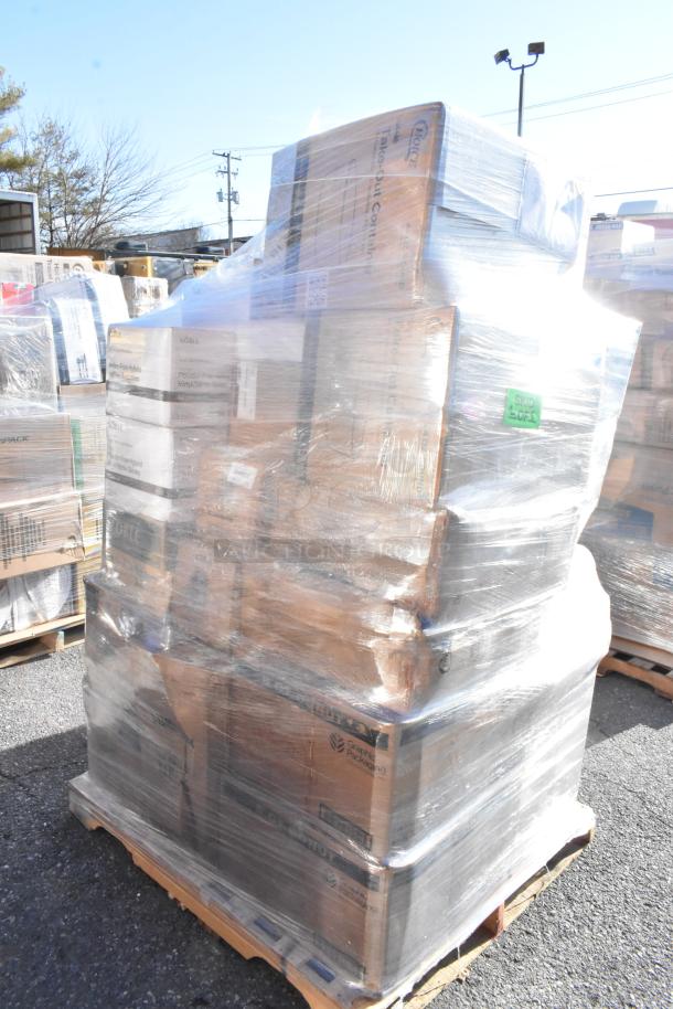 Wrapped pallet of 25 new scratch and dent items, including containers, lids, bags, and gloves. Contains labeled boxes.