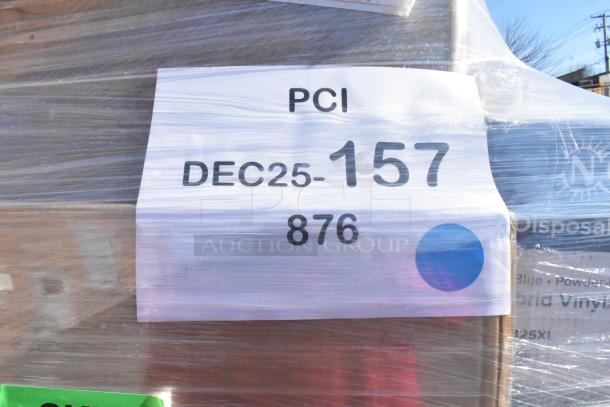 Palette wrapped with label "PCI DEC25-157 876" visible, containing 25 new scratch and dent items—containers, lids, bags, gloves.