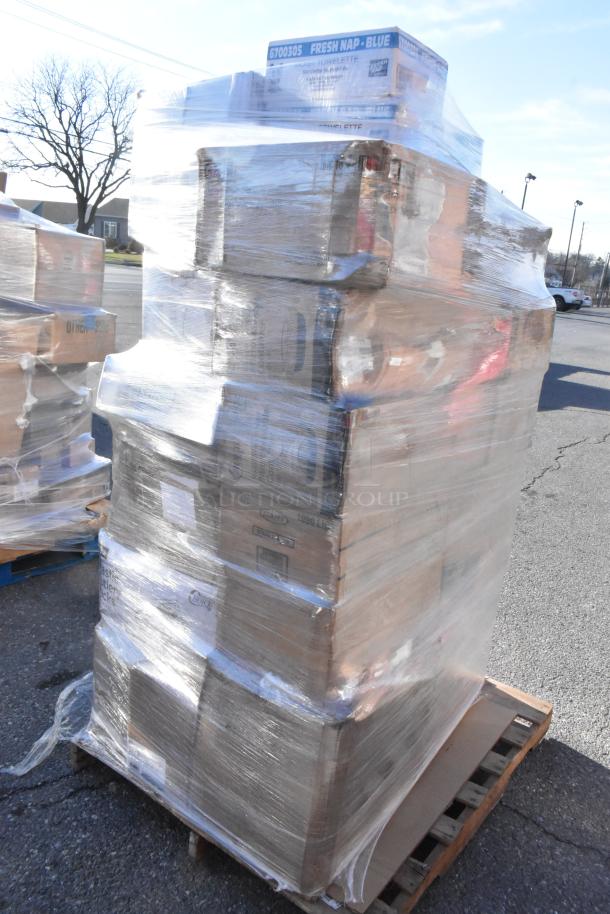 Pallet of 26 mixed, brand new scratch and dent items including hand wipes, containers, and cold cups, wrapped in plastic.