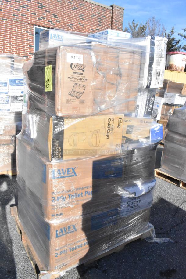 Pallet with 26 new scratch and dent items, including hand wipes, containers, cold cups. Visible brands: Choice, Lavex.