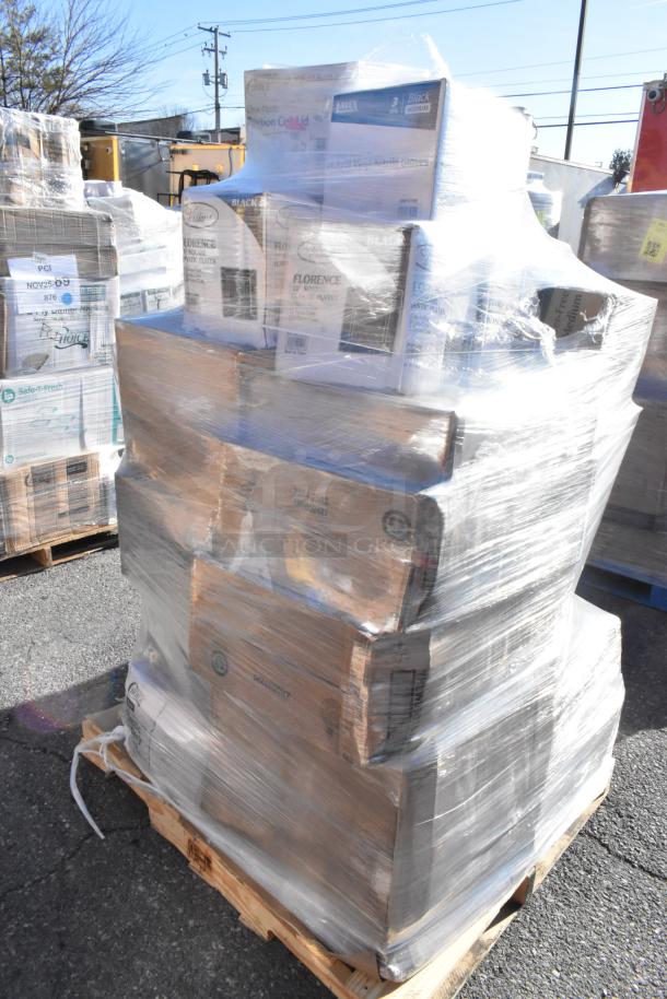 Pallet of 32 brand new scratch and dent items, including butcher paper, lids, trash bags, and plates, wrapped in plastic.