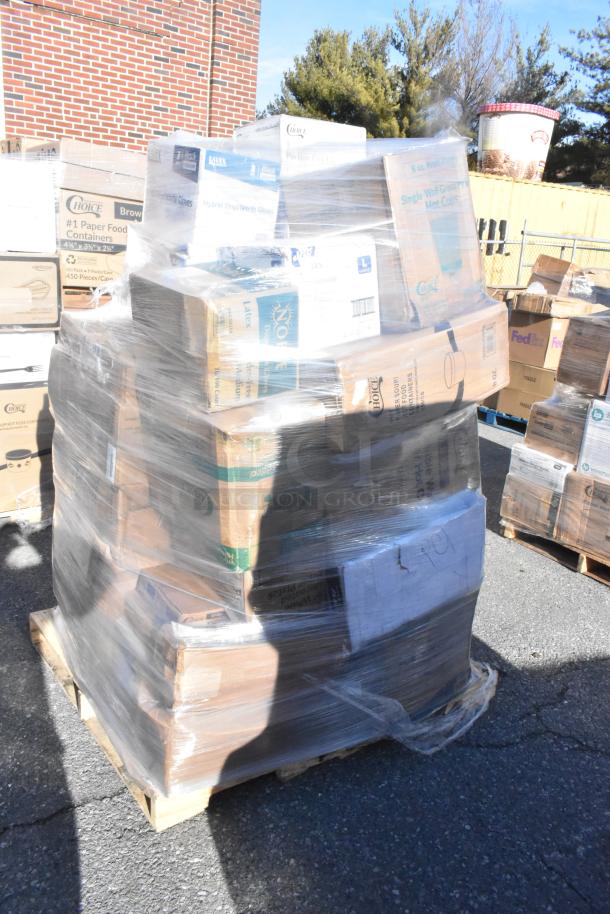 Pallet of 32 new scratch and dent items including butcher paper, lids, trash bags, and plates; wrapped in plastic.