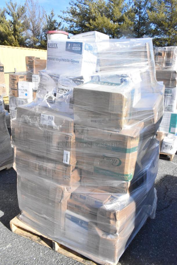 Shrink-wrapped pallet of 32 new scratch and dent items including butcher paper, lids, trash bags, and plates.