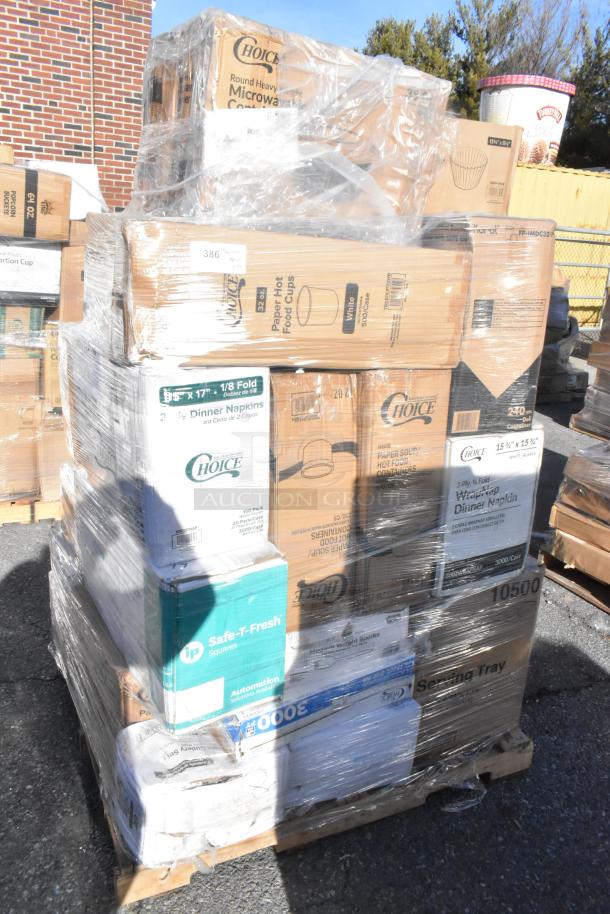 Pallet of assorted brand new scratch and dent items, including Choice napkins, food containers, trays, shrink-wrapped.