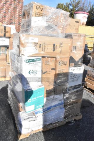 Pallet of assorted brand new scratch and dent items, including Choice napkins, food containers, trays, shrink-wrapped.