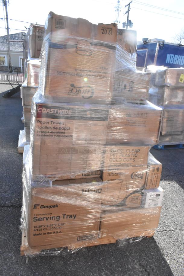 24 new scratch and dent items, including Coastwide paper towels, Genpak trays, and Choice cold cups, wrapped on a pallet.