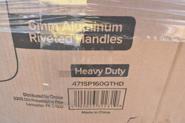 Cardboard box with "6mm Aluminum Riveted Handles" and "Heavy Duty" labels, Model 471SP160QTHD, distributed by Choice, Lancaster, PA.