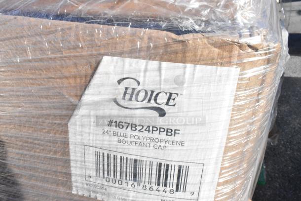 28 new scratch and dent items wrapped in plastic, includes a stock pot and cutting board. Label: Choice, 24" blue polypropylene bouffant cap.