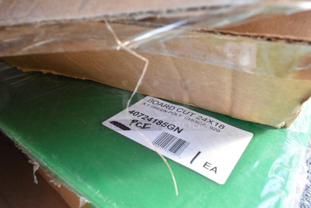 Green cutting board in packaging, labeled "BOARD CUT 24X18," part of 28 new scratch and dent items including stock pot and glasses.