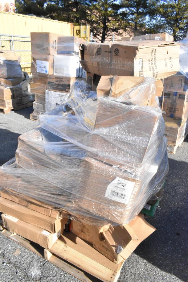 Plastic-wrapped pallet of 28 new scratch and dent items in boxes, including a stock pot, cutting board, and glasses.