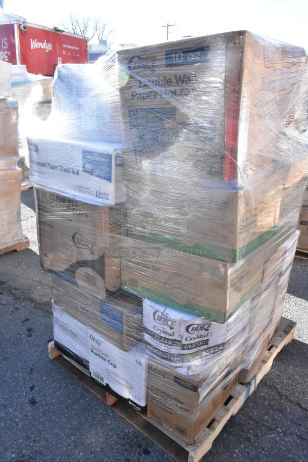 Pallet of 32 brand new scratch and dent items, including portion cups, plates, bags, forks, gloves. Wrapped in plastic.