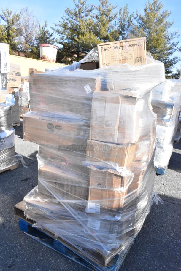Pallet of assorted items including boxes labeled beer mugs and other kitchenware, wrapped in plastic; scratch and dent condition.