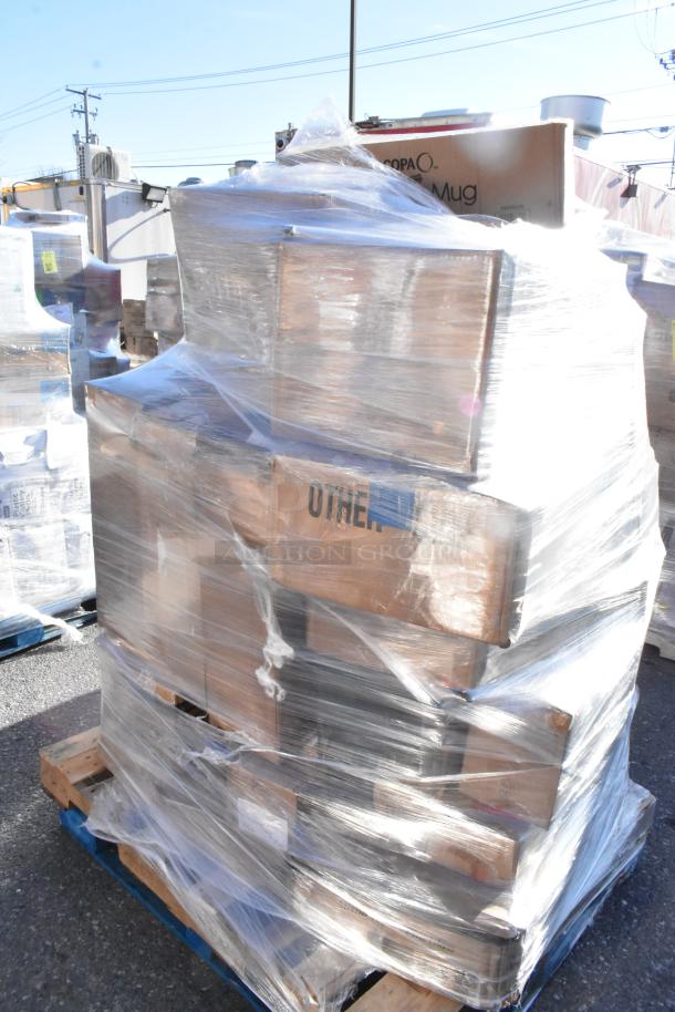 Pallet with 38 brand new scratch and dent items, wrapped in plastic. Includes glasses, dollies, bowls. Auction lot.