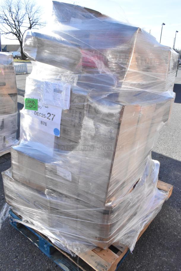 Shrink-wrapped pallet of 38 scratch and dent items, including glasses, dollies, and bowls. Tags: Skid 2 of 2, DEC25-27, 876.