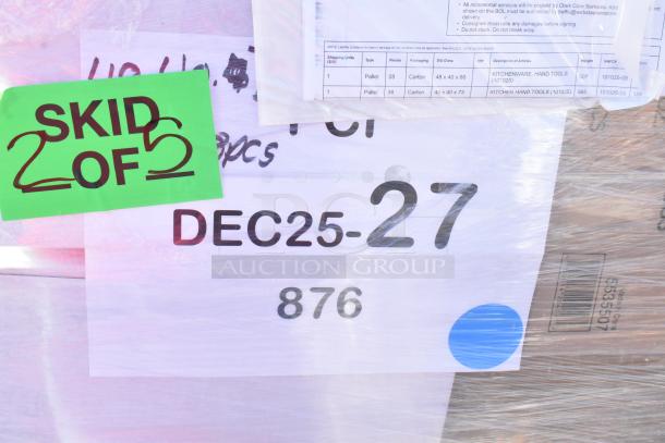 Skid marked "2 of 5" with labels "DEC25-27" and "876," indicating pallet contents and shipping details.