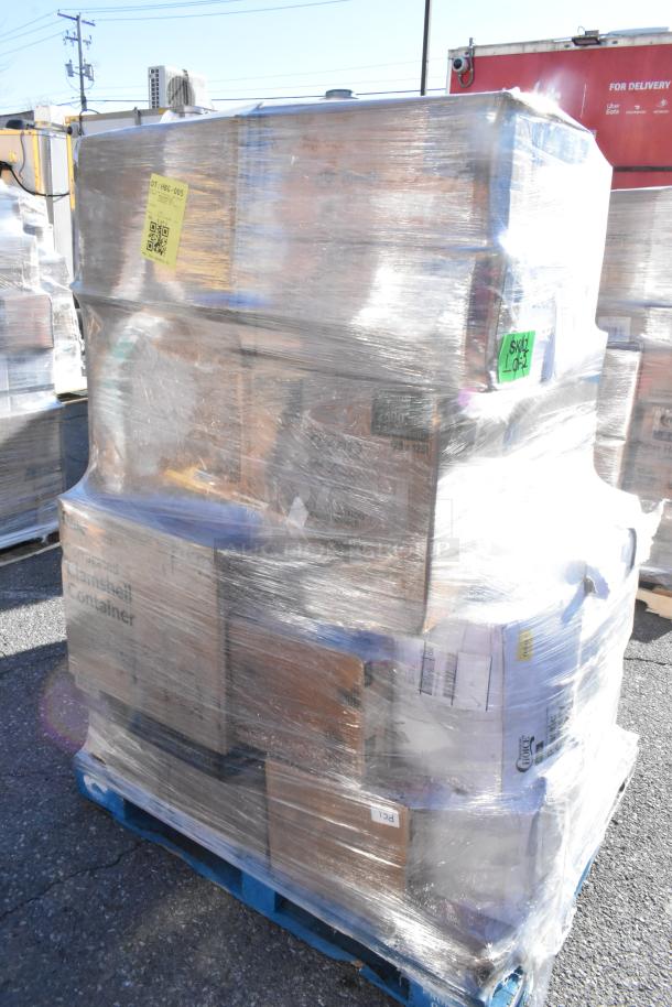 Pallet of 30 brand new scratch and dent items shrink-wrapped, including clamshell containers, napkins, and fry bags.