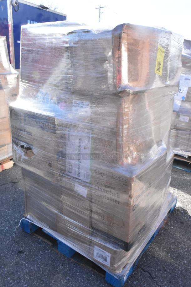 Pallet of miscellaneous brand-new scratch and dent items, including containers, napkins, and fry bags, wrapped in plastic.