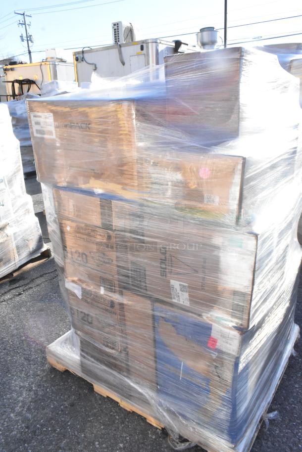 Stacked pallet wrapped in plastic containing 28 new scratch and dent items, including containers, deli wrap, gloves, and lids.