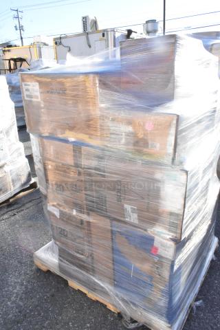 Stacked pallet wrapped in plastic containing 28 new scratch and dent items, including containers, deli wrap, gloves, and lids.