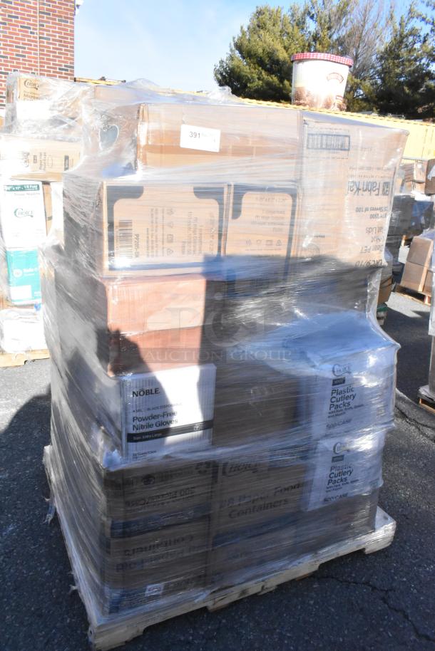 Pallet of 28 new scratch and dent items, including Noble gloves, Choice cutlery packs, and food containers.