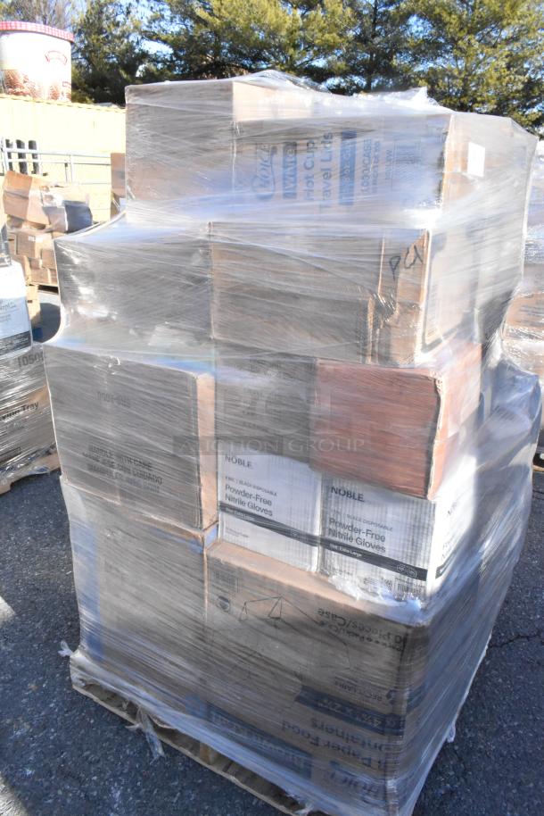 Pallet of 28 new scratch and dent items including containers, deli wrap, gloves, lids; wrapped for auction display.