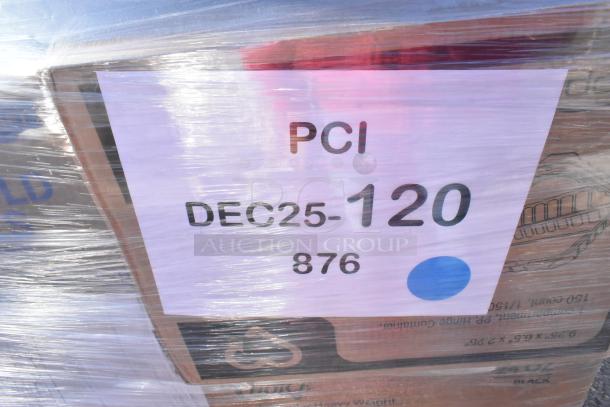 Clear wrapped pallet of assorted brand-new scratch and dent items, including containers, deli wrap, gloves, and lids, marked "PCI DEC25-120 876".