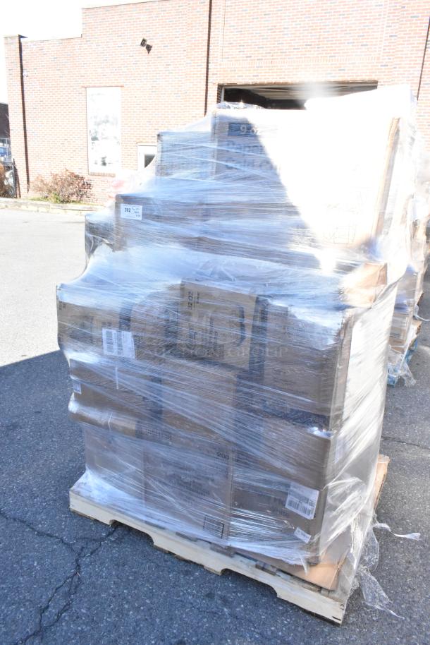 Pallet of 29 scratch and dent items, including gloves, hot and cold cups, paper towels. Wrapped, visible box labels.