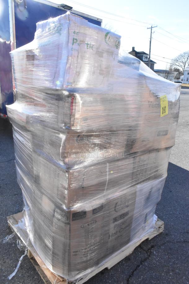 Pallet with 29 brand new scratch and dent items including gloves, hot cups, cold cups, and paper towels, wrapped in plastic.