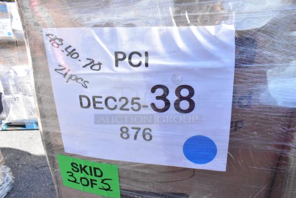 Pallet labeled "PCI DEC25-38," holds 29 new scratch and dent items: gloves, hot and cold cups, paper towels. "21 pcs" marked.