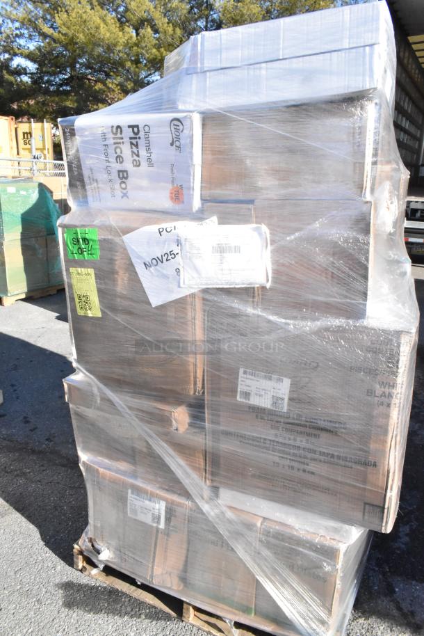 Plastic-wrapped pallet with "Choice Clamshell Pizza Slice Box" and assorted items. New scratch and dent condition.