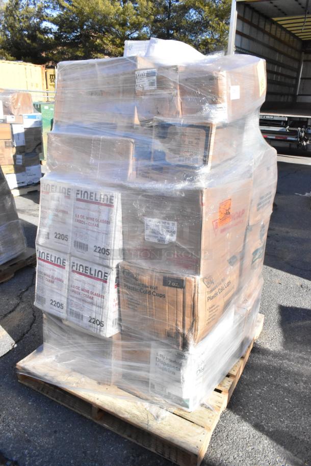 Pallet of 30 new scratch and dent items, including Fineline wine glasses, plastic cups, containers, wrapped in plastic.